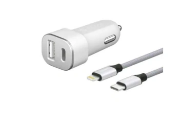 Автомобильное зарядное устройство Deppa USB Type-C + USB A, PD 18W, QC 3.0 Дата-кабель USB-C – Lightning, MFI (11292) White