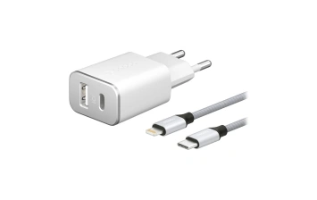 Сетевое зарядное устройство Deppa USB Type-C + USB A, PD 18W, QC 3.0 Дата-кабель USB-C – Lightning, MFI (11390) White