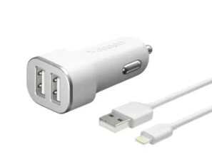 Автомобильное зарядное устройство Deppa 2 USB 2.4А, дата-кабель 8-pin для Apple (MFI) (11291) White