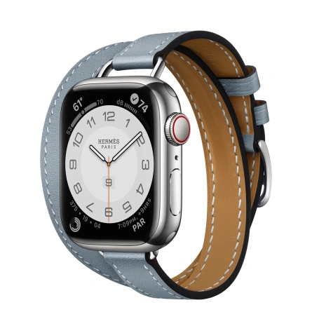 Смарт-часы Apple Watch Hermes Series 7 GPS + Cellular 41mm Silver Stainless Steel Case with Attelage Double Tour Bleu Lin фото 1