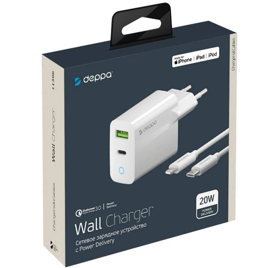Сетевое зарядное устройство Deppa 20W USB-A/USB-C 11396 White фото 2