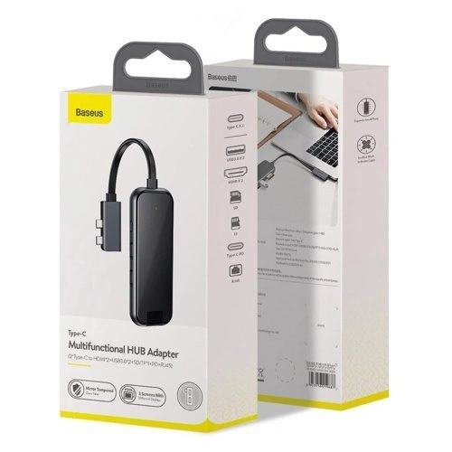 Хаб Baseus Type-C Multifunctional HUB Adapter 2 Type-C to HDMI 2+USB3.0 2+SD/TF 1+PD+RJ45 (CAHUB-FZ0G) Space gray фото 2