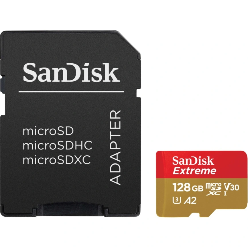 Карта памяти Sandisk Extreme 128GB microSDXC Class+ SD Adapter 10/UHS-I/U3//160 Мб/с SDSQXA1-128G-GN6MA фото 1