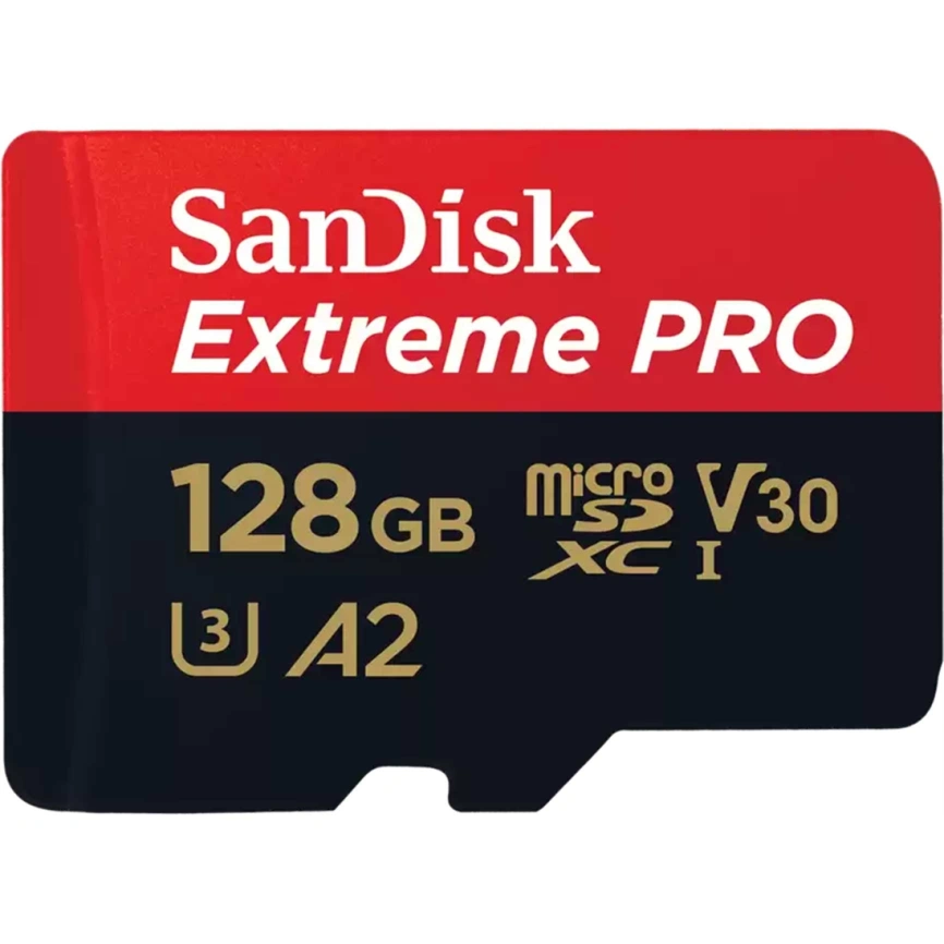 Карта памяти Sandisk Extreme Pro MicroSDXC Class 10/UHS-I/U3/V30/A2 SDSQXCD-128G-GN6MA + адаптер фото 1