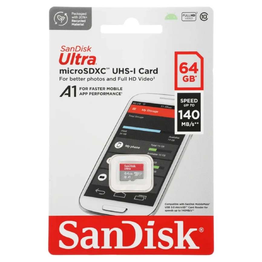 Карта памяти Sandisk Ultra 64GB MicroSDXC Class 10/UHS-1/A1 SDSQUAB-064G-GN6MN фото 4