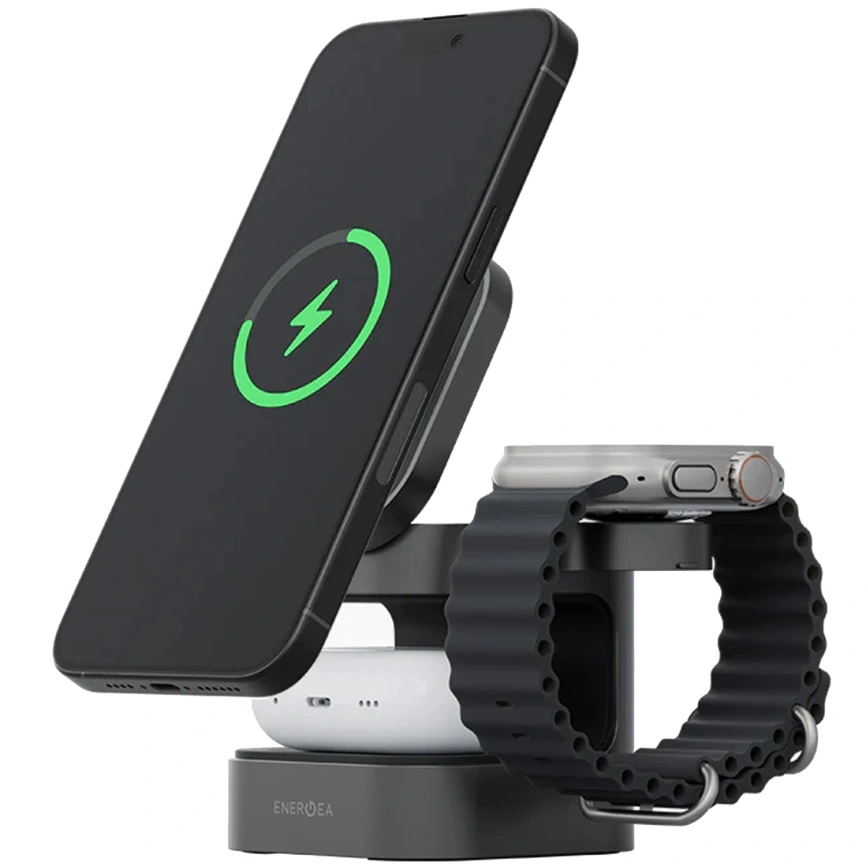 Беспроводное зарядное устройство EnergEA MagCube Qi2 Certified 3-in-1 Wireless Charger Space Grey фото 5